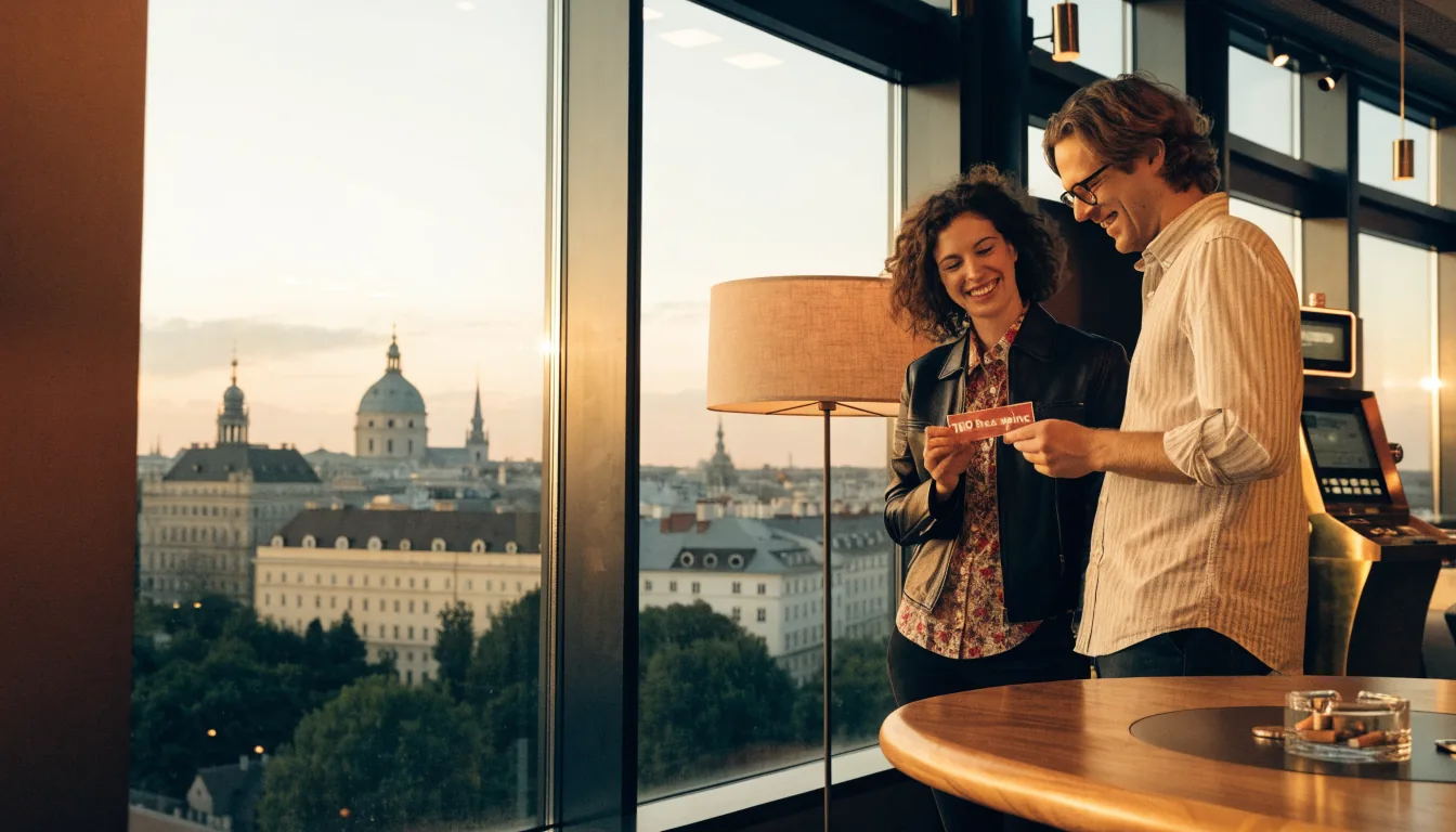 Junge Paare mit Gutschein für 100 Freispiele in einem modernen Wiener Casino bei Sonnenuntergang