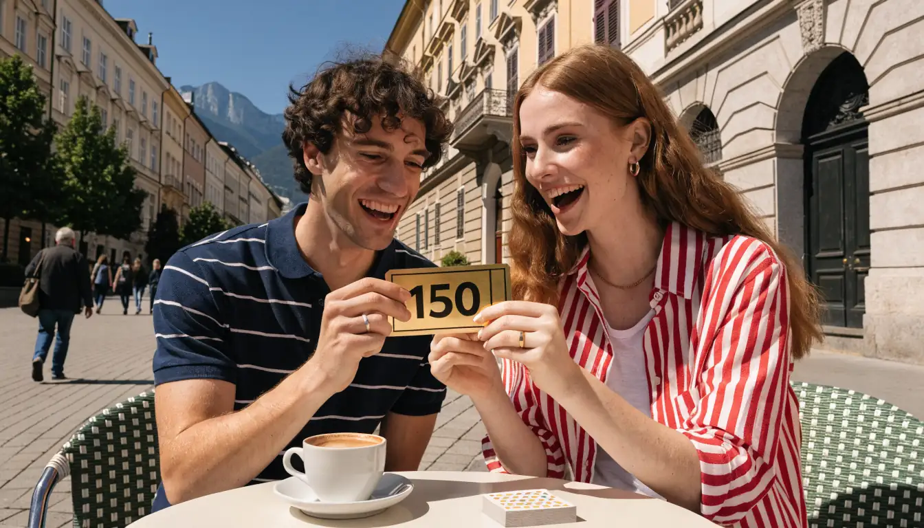 Junge Paare in einem Wiener Café mit goldenem 150‑Ticket und Alpen im Hintergrund