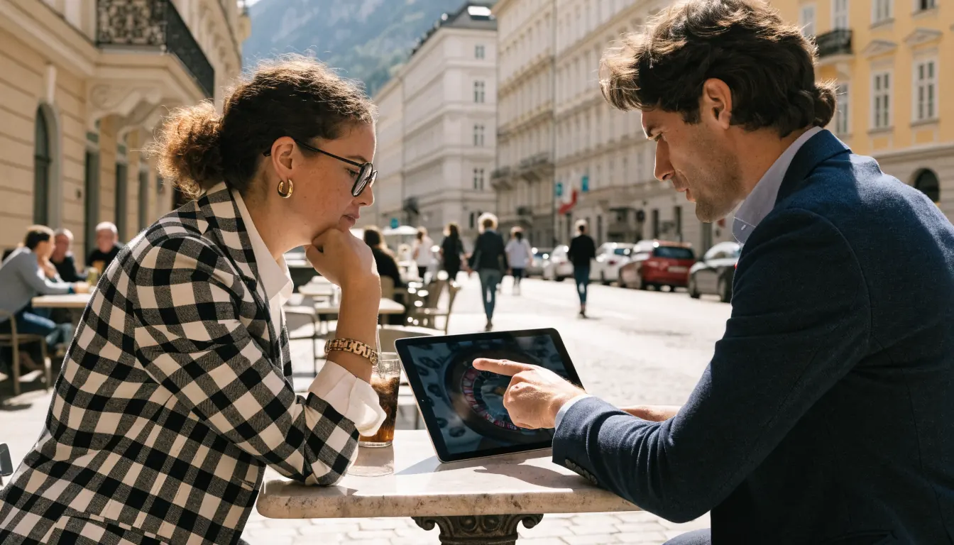 Ein stilvolles Café in Österreich, ein Paar blickt auf ein Tablet mit Casinoelementen, historische Architektur im Hintergrund.