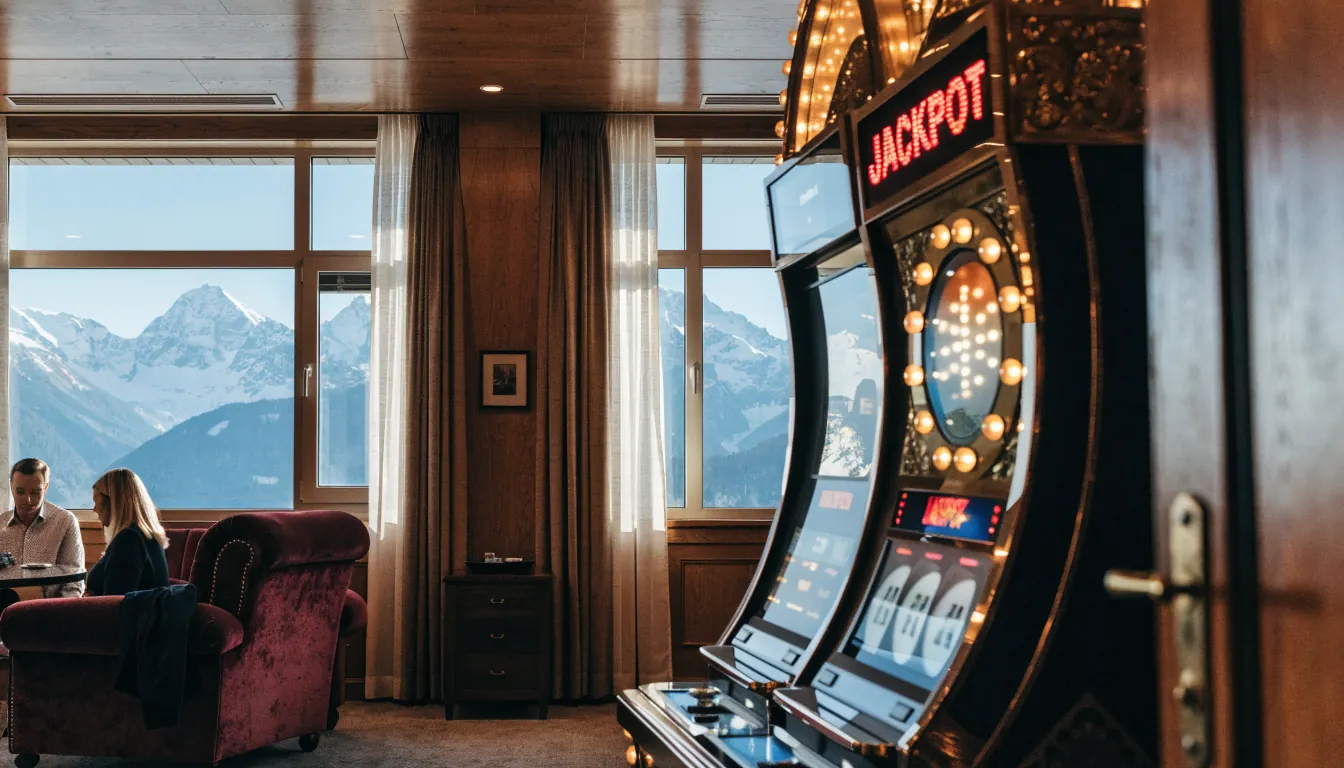 Luxuriöses Casino mit Alpenblick, goldener Jackpot-Slot und österreichischen Farben