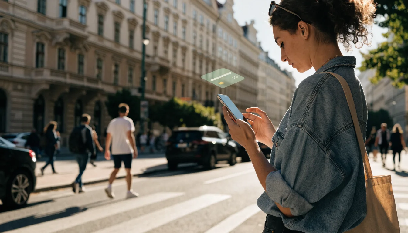 Junge Frau hält Smartphone mit digitaler Geldbörse im Wiener Umfeld