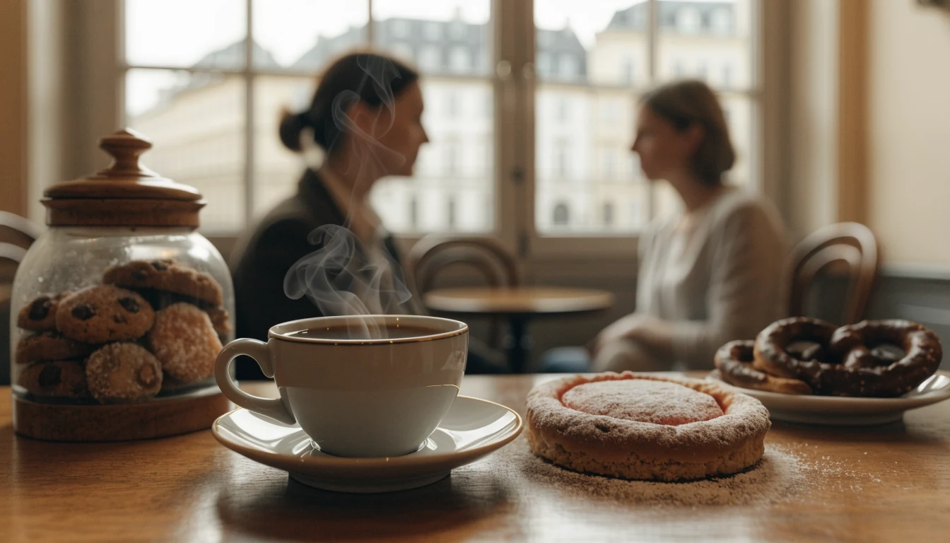 Gemütliches Wiener Café mit Kaffeetasse, Gebäck und Keksdose