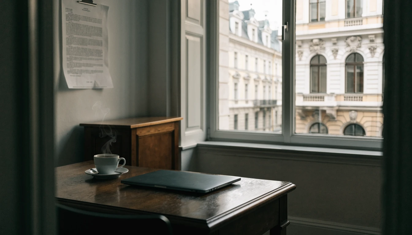 Ruhiges Büro in Wien mit Laptop, Kaffeetasse und rechtlichem Dokument im Hintergrund.