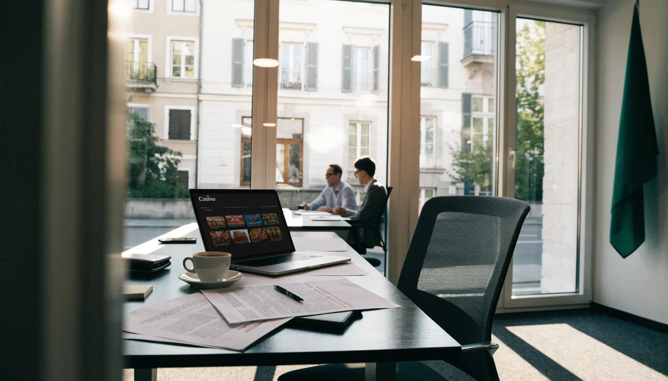 Büro in Wien mit Laptop und österreichischer Flagge