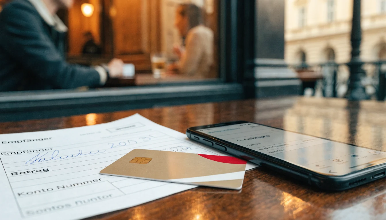 Kreditkarte, Überweisungsformular und E‑Wallet auf Tisch