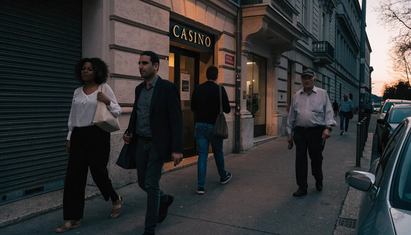 Straßenszene in Wien mit Casino-Eingang bei Dämmerlicht.